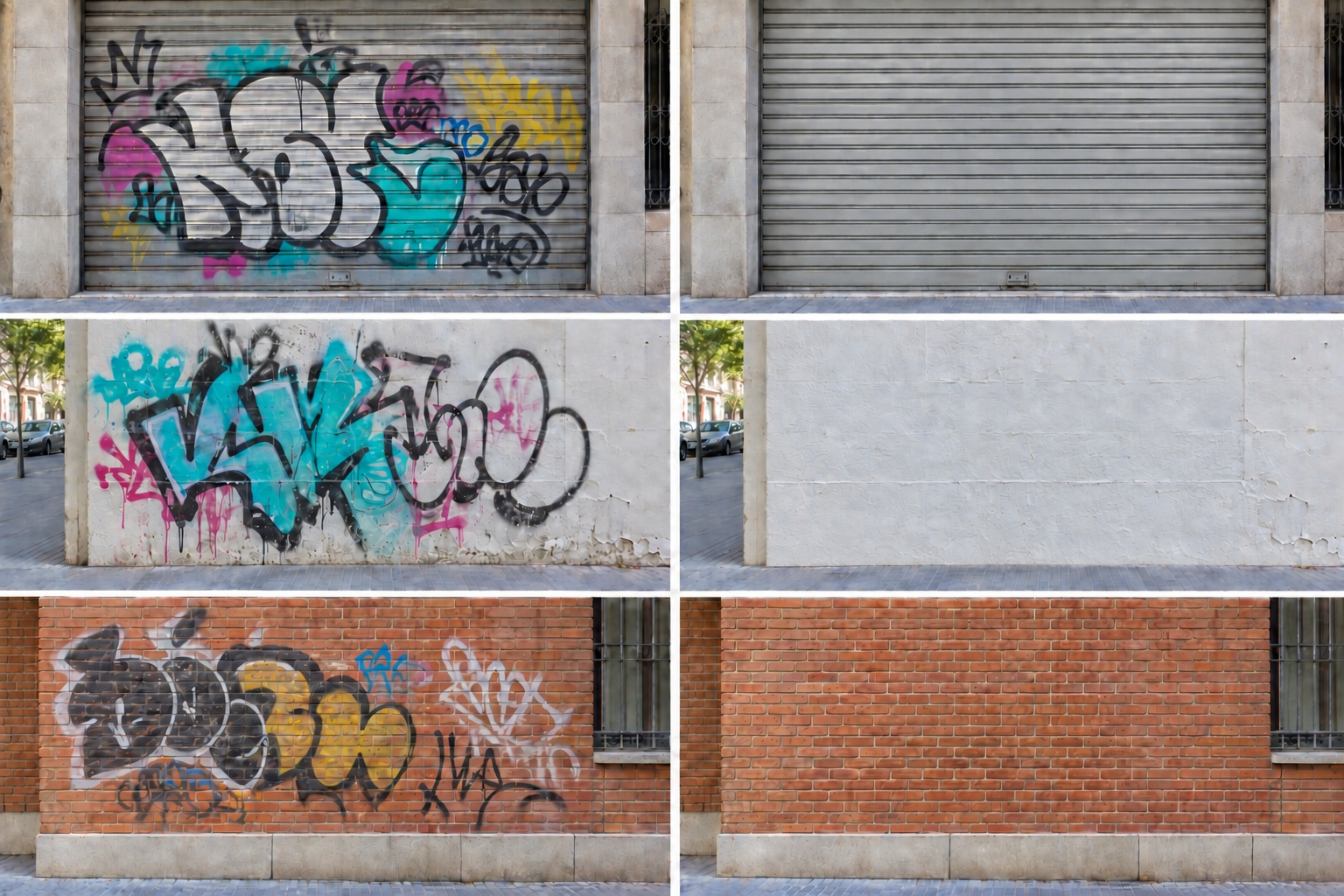 Antes y después de limpieza de grafitis en persiana, pared pintada y fachada de ladrillo